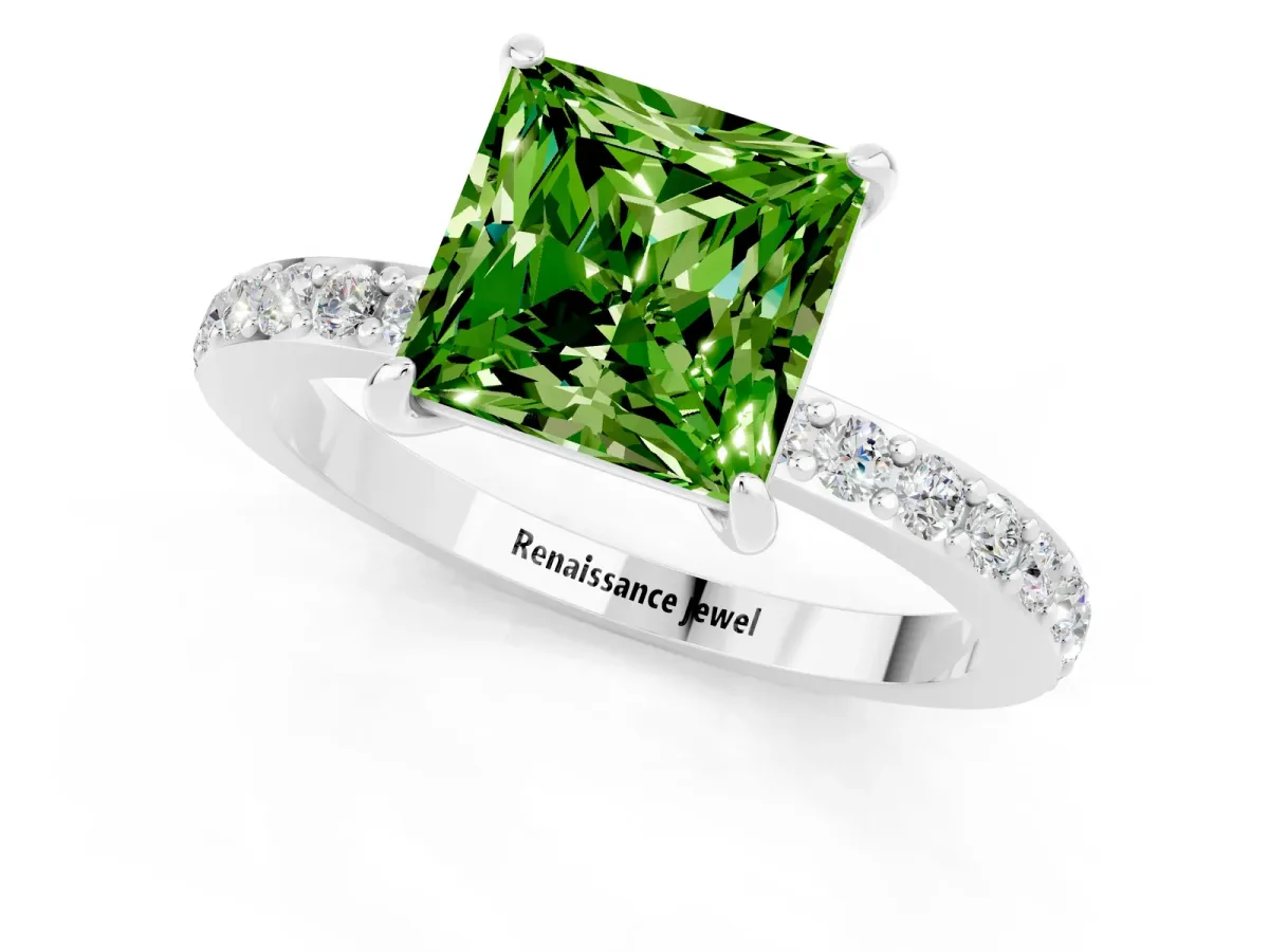 Princess Cut Peridot Solitaire Engagement Ring with Pavé Band and Four-Prong Setting Silver