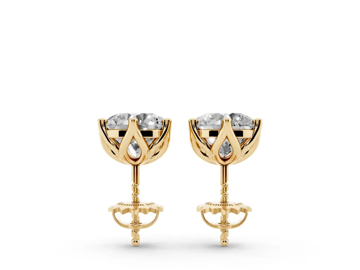 Round Diamond Six Prong Flower Petal Solitaire Stud Earrings Yellow gold