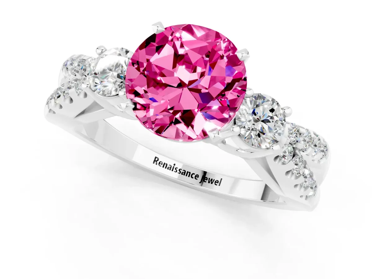 Round Cut Pink Sapphire Three-Stone Ring with Pavé Split Shank and Four-Prong Setting Silver