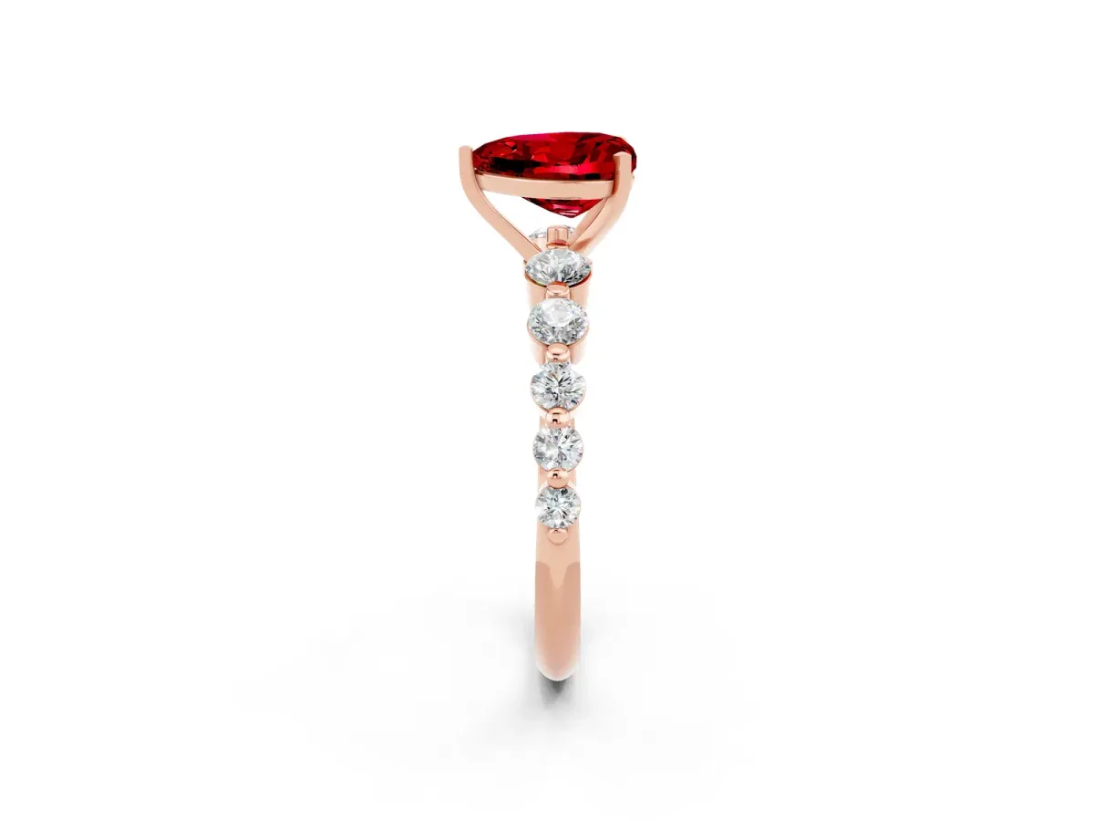 Heart Cut Solitaire Ruby Ring with Pave Band and Four-Prong Setting Rose gold