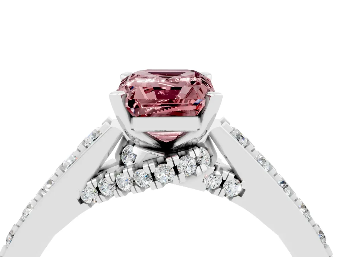 Emerald Cut Morganite Solitaire Ring with Crossover Gallery and Round Pavé Band Silver