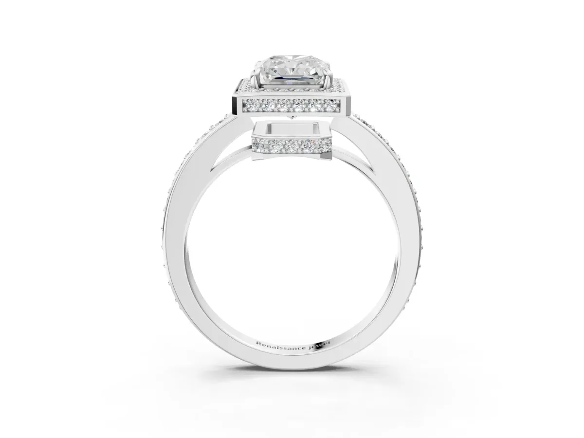 Radiant Cut Halo Pave Band Solitaire Ring with Prong Setting Platinum