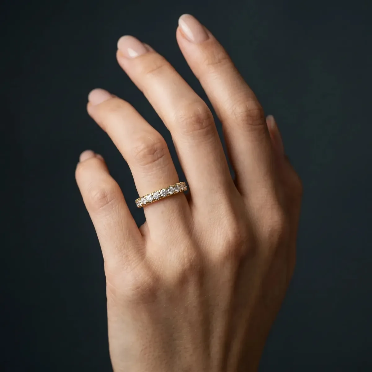 Pavé Round Diamond Half Eternity Band with Shared Prong Setting Yellow gold