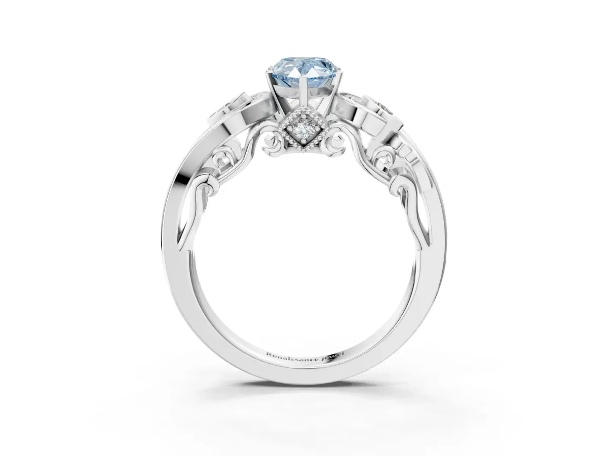 Fancy Blue Pear Cut Diamond Solitaire Ring with Milgrain Pavé Band and Four-Prong Setting Silver