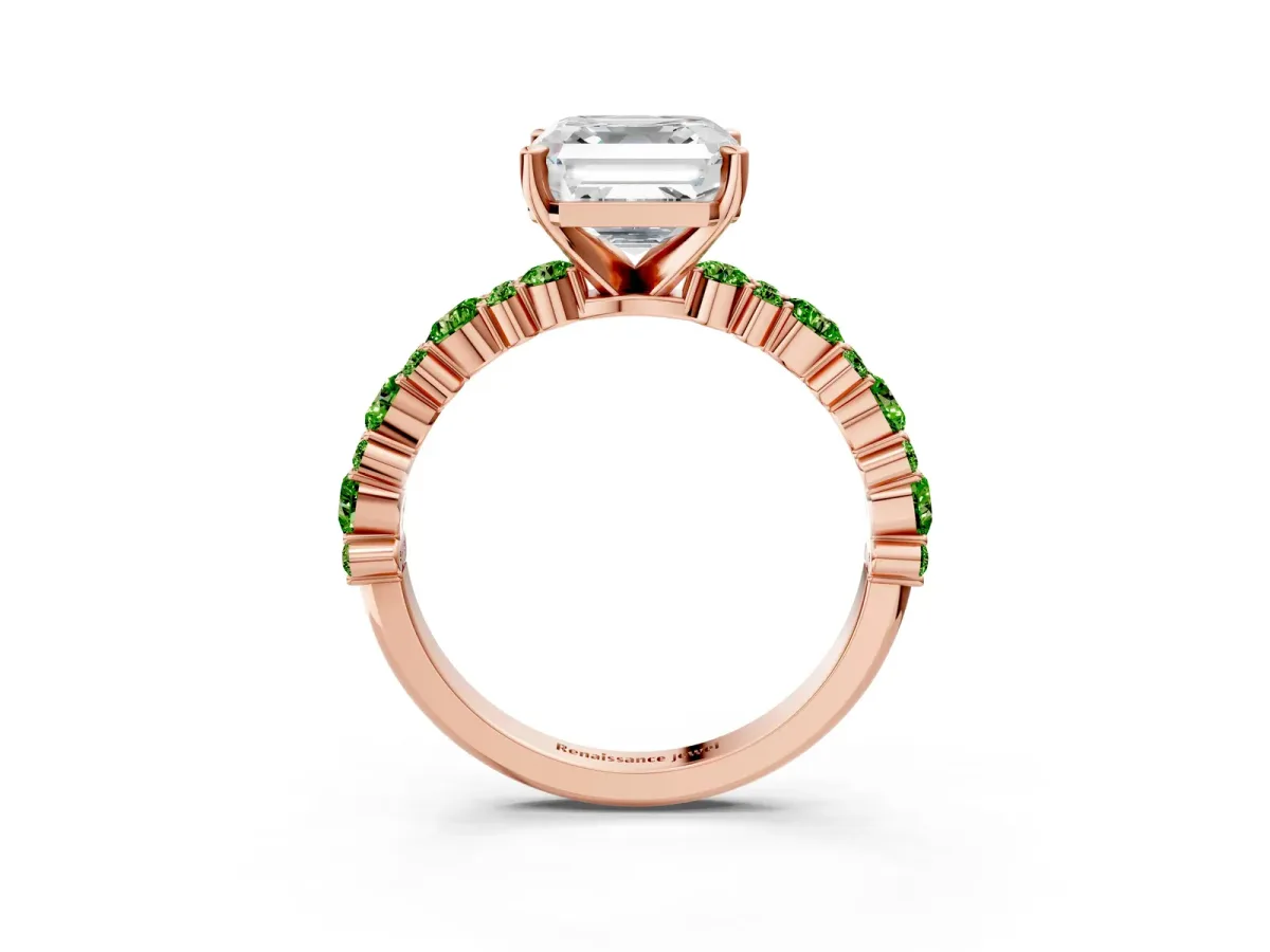 Asscher Cut Diamond Side Stone Solitaire Ring with Round Peridot and Four-Prong Setting Rose gold