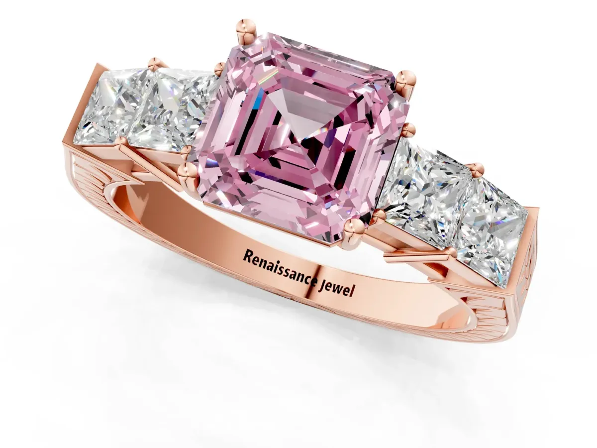 Fancy Pink Asscher Cut Solitaire Princess Side Stone Engraved Band Prong Setting Ring Rose gold