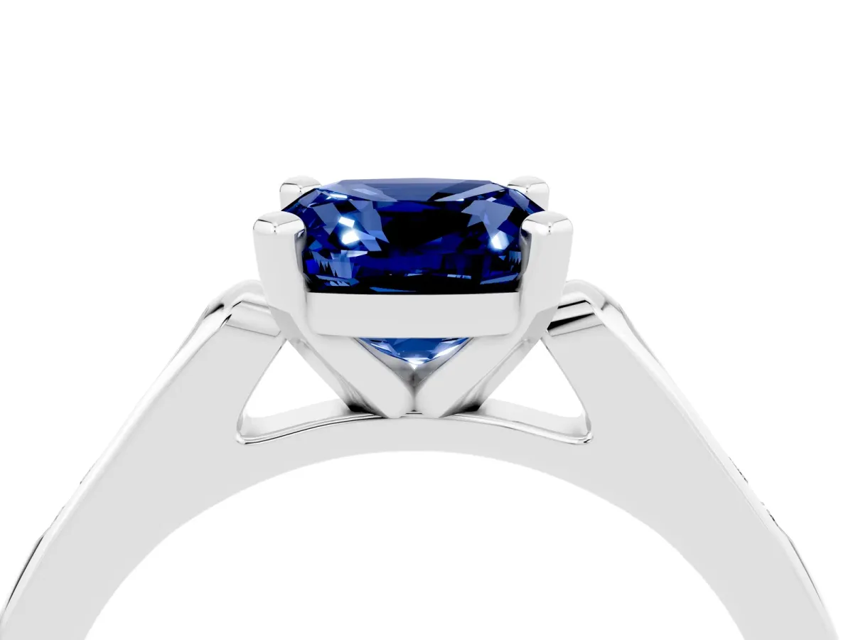 Cushion Cut Blue Sapphire Solitaire Ring with Channel Set Round Band and Prong Setting Silver