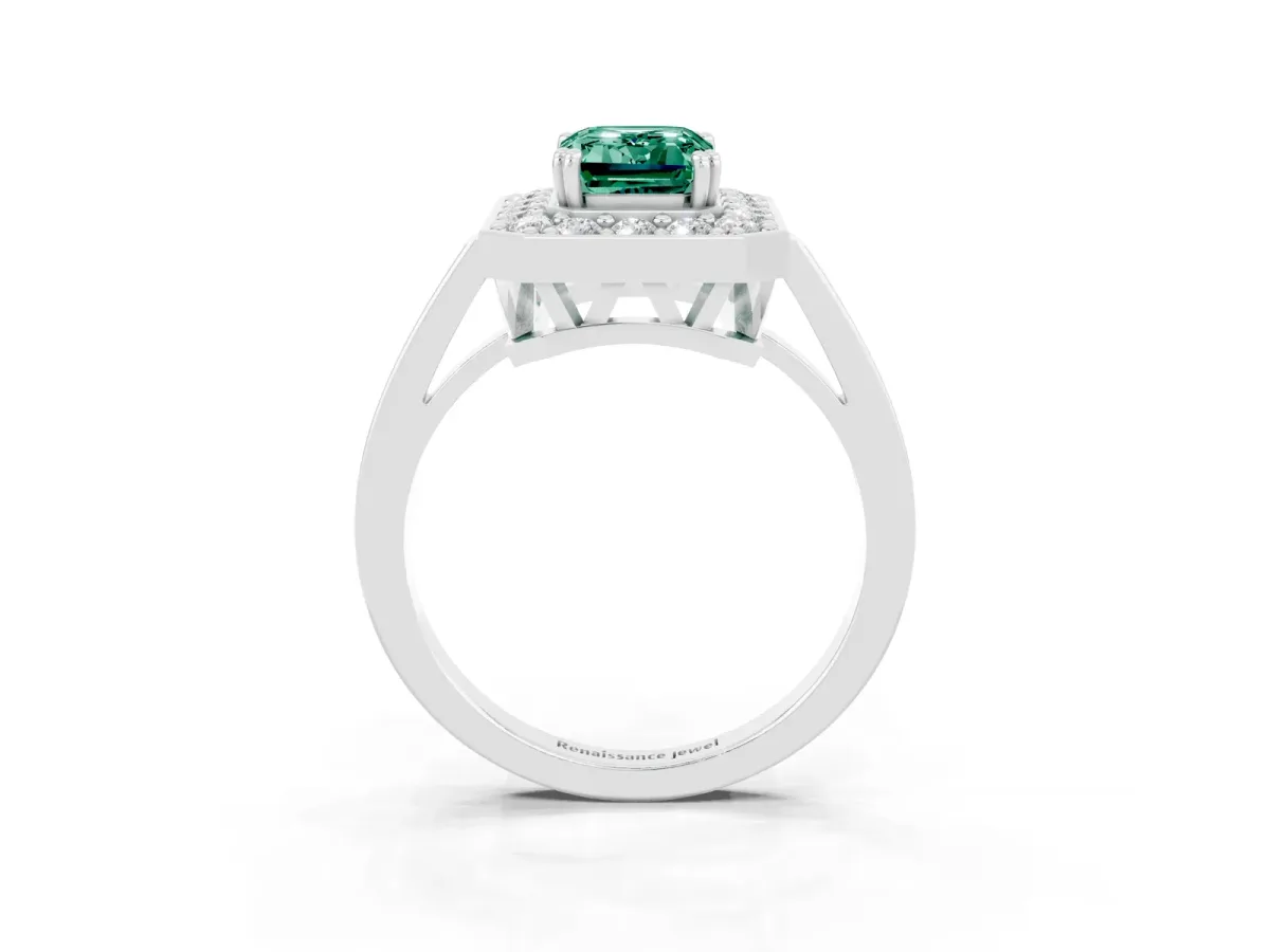Emerald Cut Green Sapphire Halo Ring with Split Shank and Four-Prong Setting White gold
