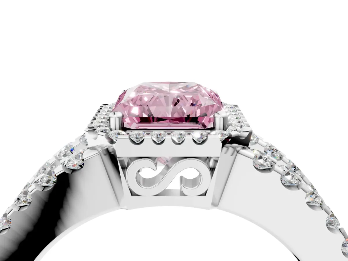 Fancy Pink Radiant Cut Cut Halo Split Shank Diamond Ring with Four-Prong Setting Platinum