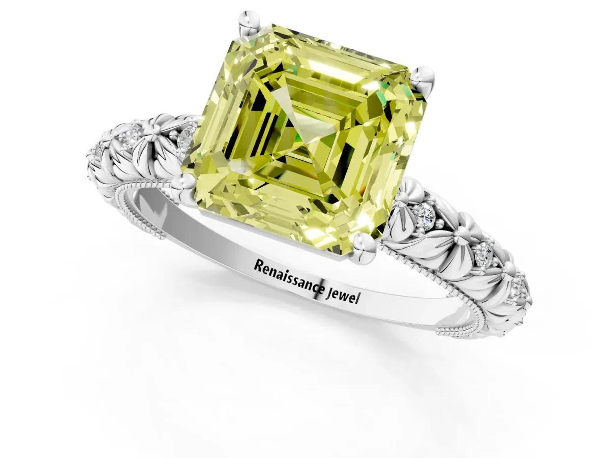 Fancy Yellow Asscher Cut Solitaire Floral Milgrain Engagement Ring Platinum