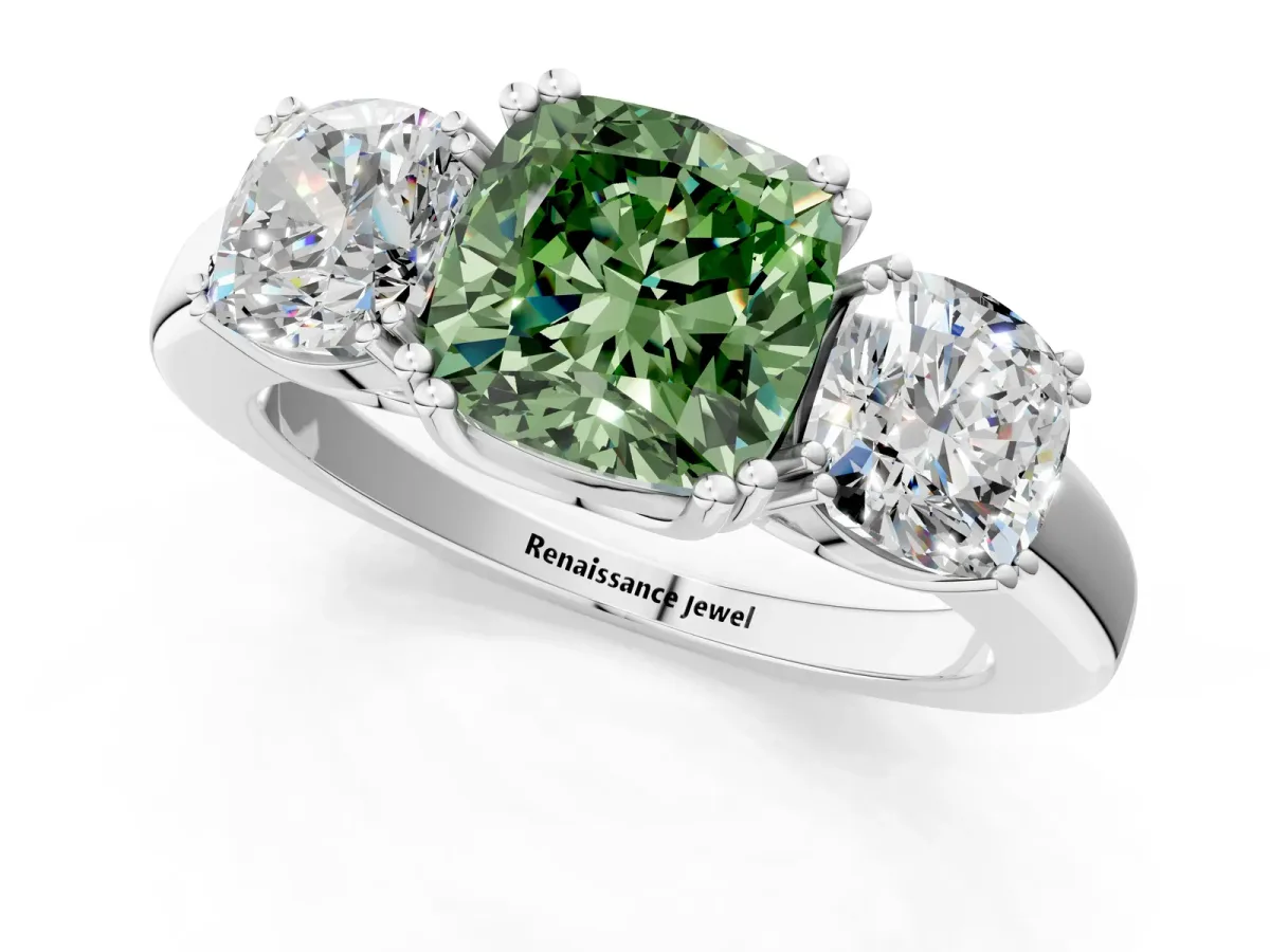 Fancy Green Three-Stone Cushion Cut Cut Diamond Ring with Channel Set Band and Four-Prong Setting Silver