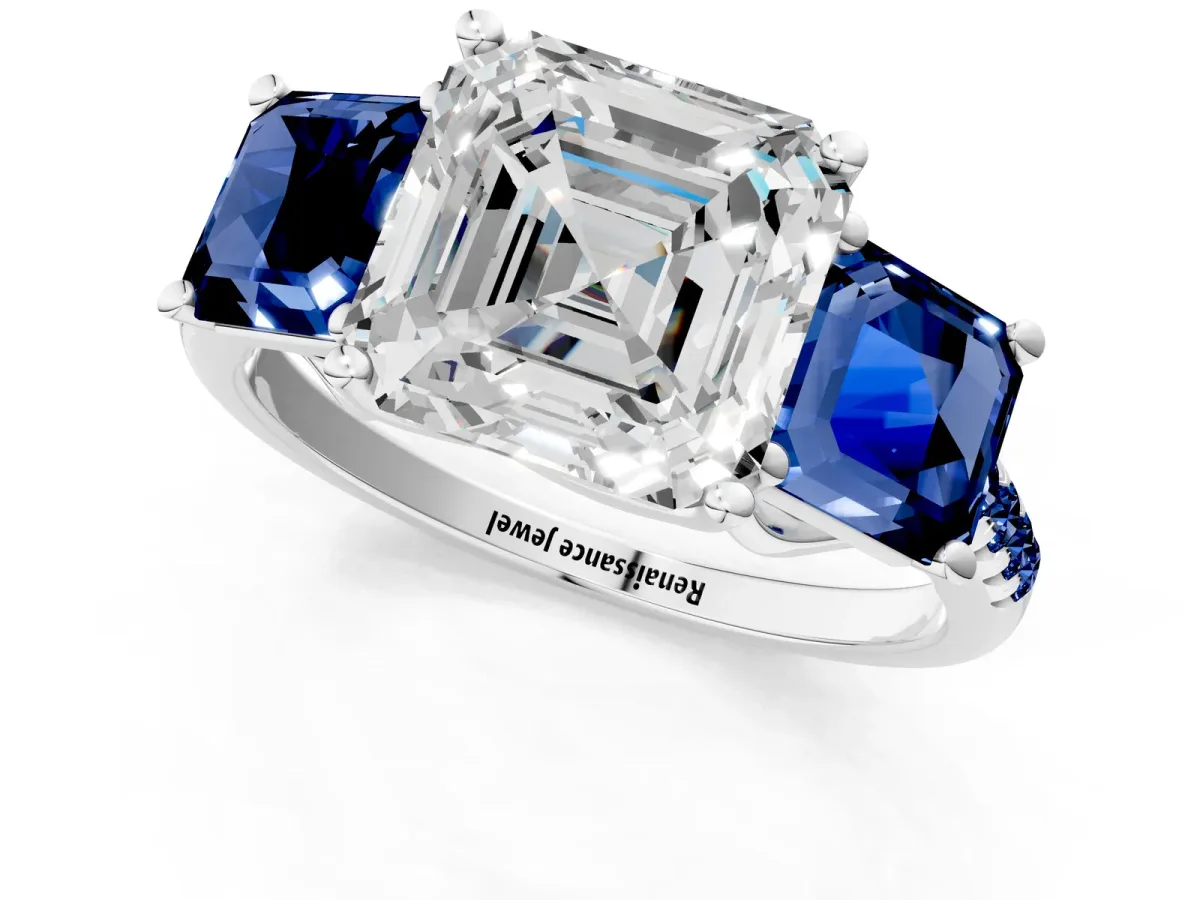 Three-Stone Asscher Cut Diamond Ring with Round Blue Sapphire Pavé Band and Prong Setting Silver