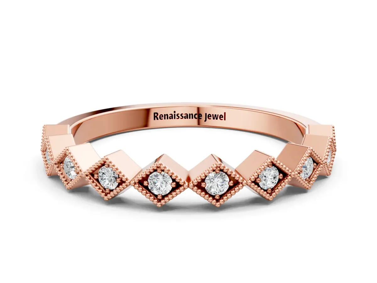Milgrain Diamond Geometric Stackable Band with Round Cut Stones and Bezel Setting Rose gold