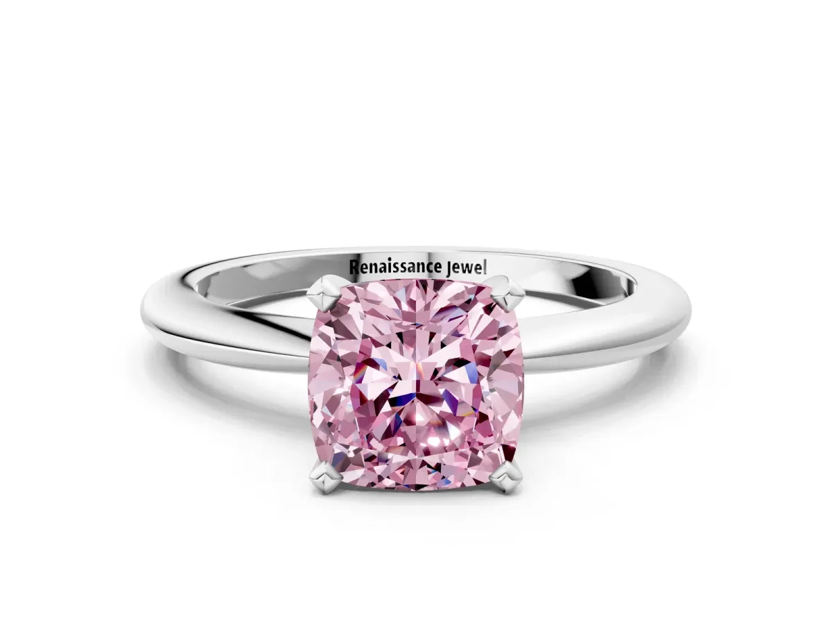 Fancy Pink Cushion Cut Diamond Solitaire Ring with Six-Prong Setting and Classic Band Silver