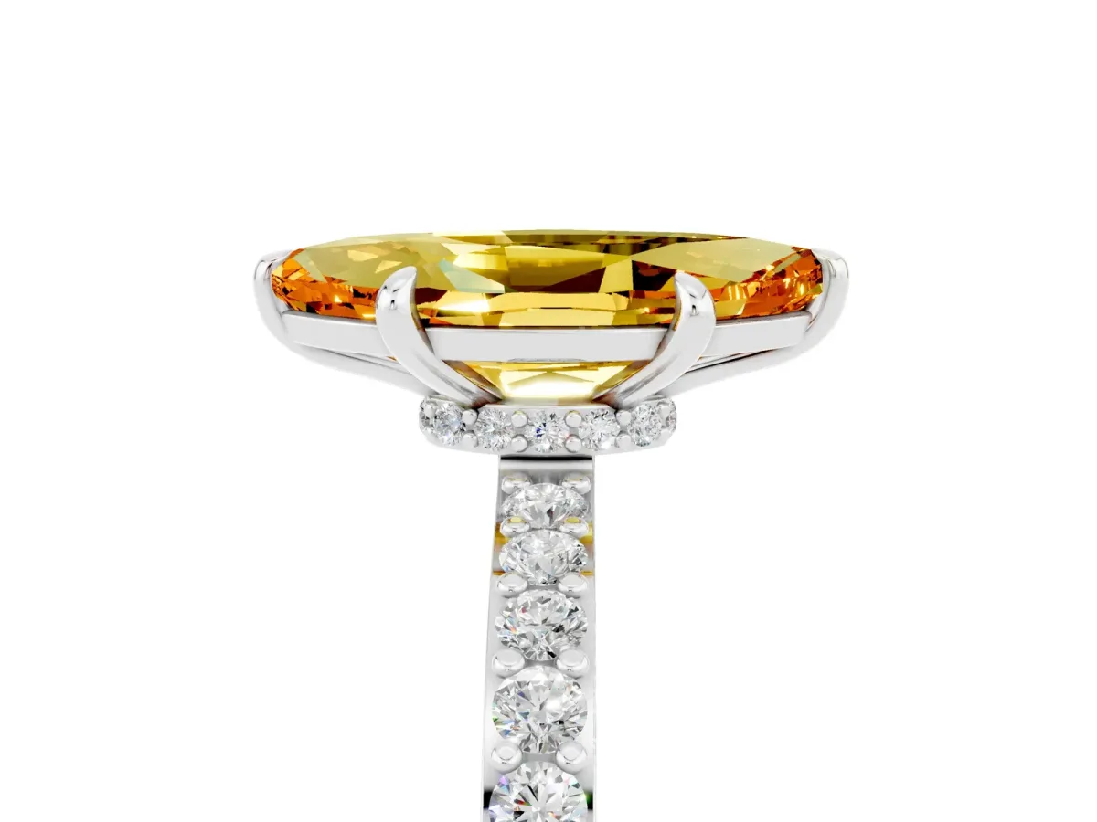 Marquise Cut Citrine Solitaire Engagement Ring with Pavé Band and Four-Prong Setting Silver