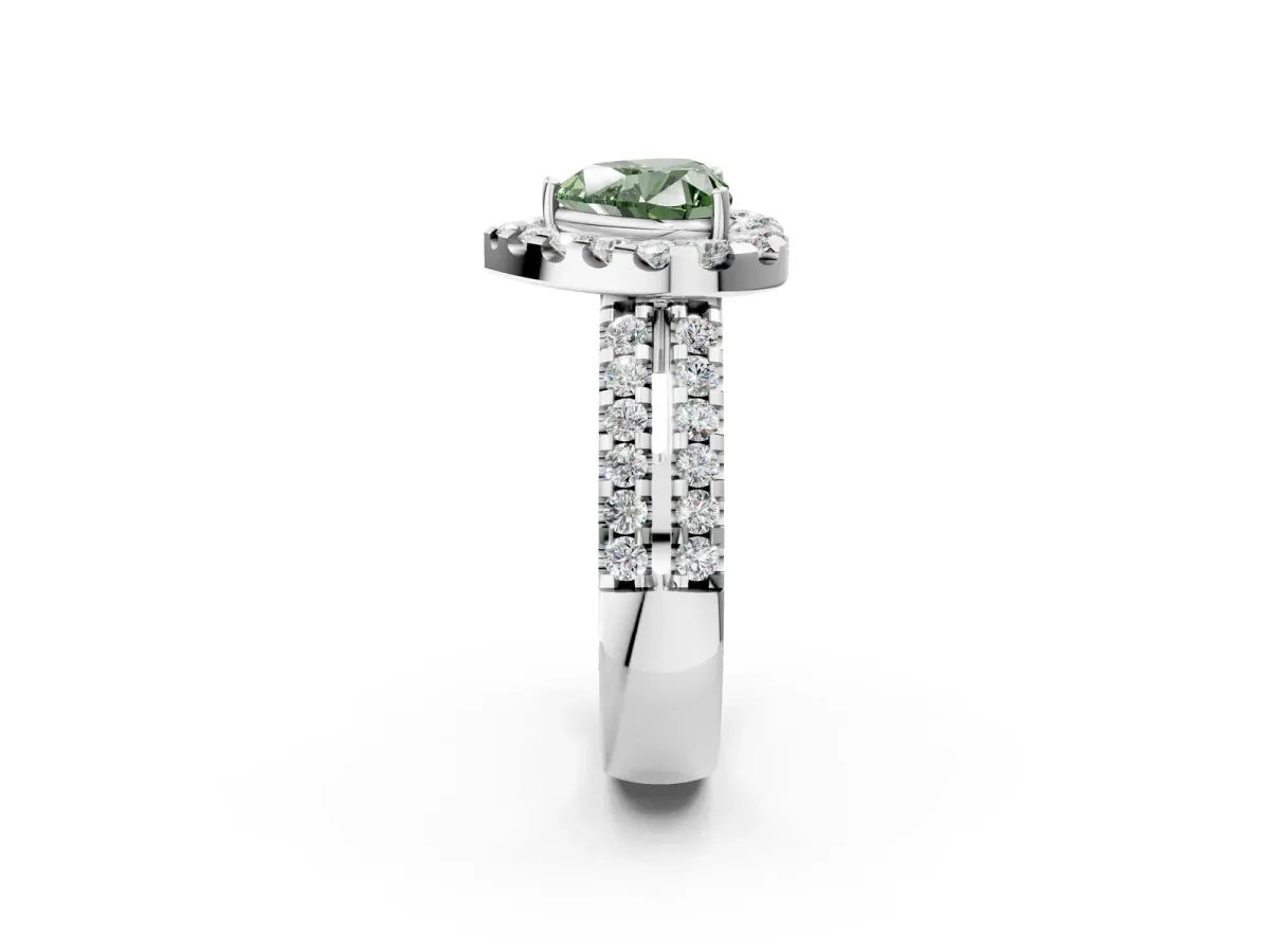 Fancy Green Heart Cut Halo Diamond Split Shank Engagement Ring with Prong Setting Platinum