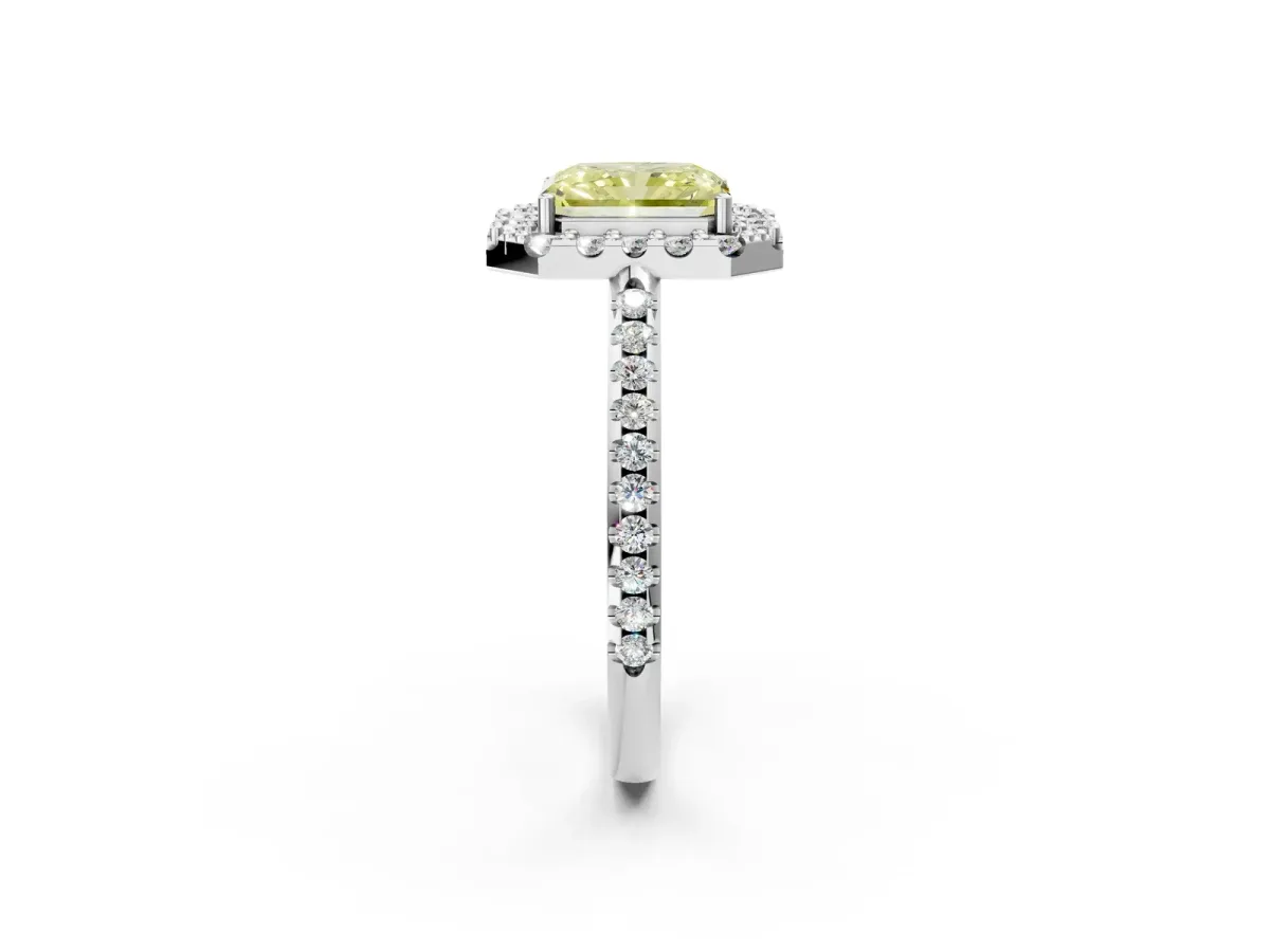 Fancy Yellow Radiant Cut Diamond Pavé Halo Ring with Four-Prong Setting Platinum