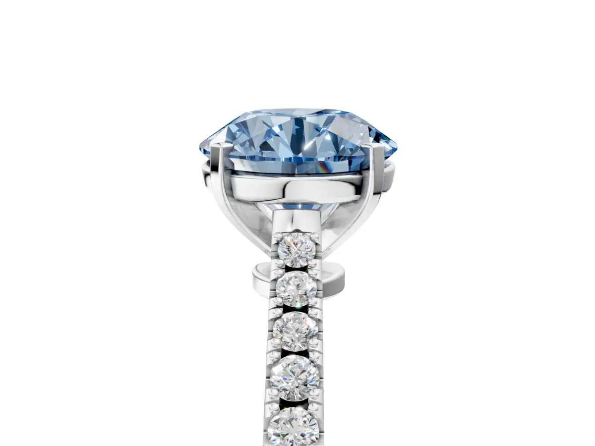Fancy Blue Asscher Cut Cut Solitaire Diamond Engagement Ring with Pave Band and Four-Prong Setting Silver