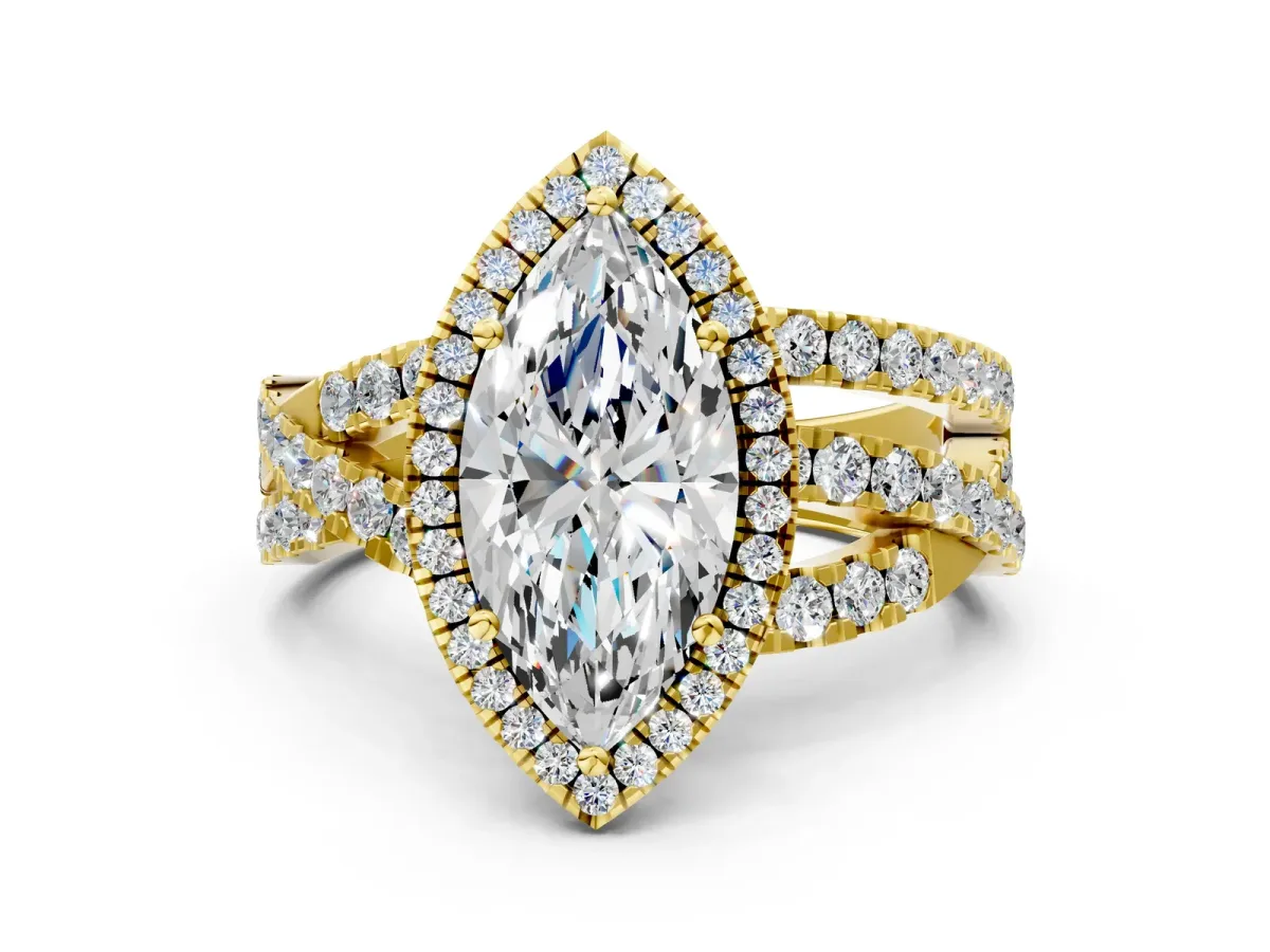Marquise Cut Diamond Halo Ring with Round Split Shank and Prong Setting Yellow gold