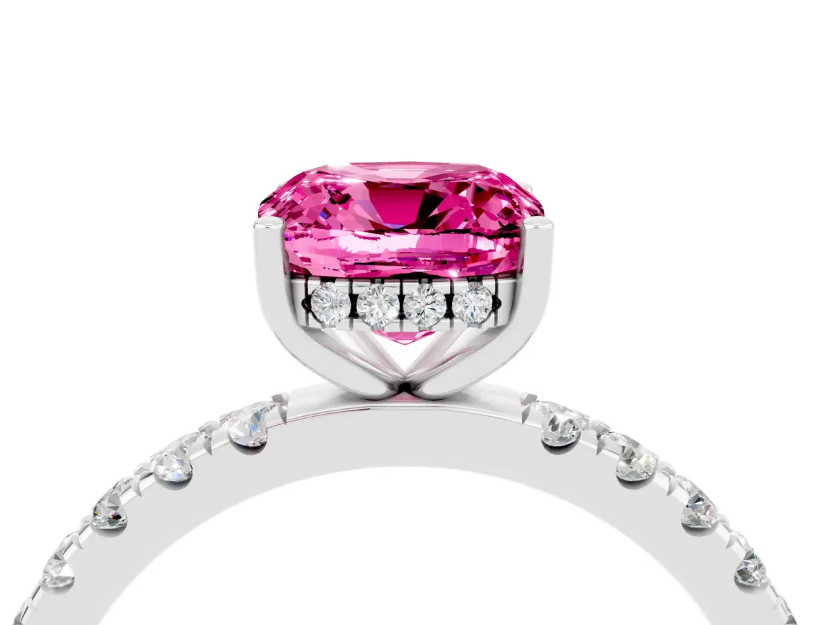 Cushion Cut Pink Sapphire Pave Band Solitaire Ring with Round and Prong Setting Silver