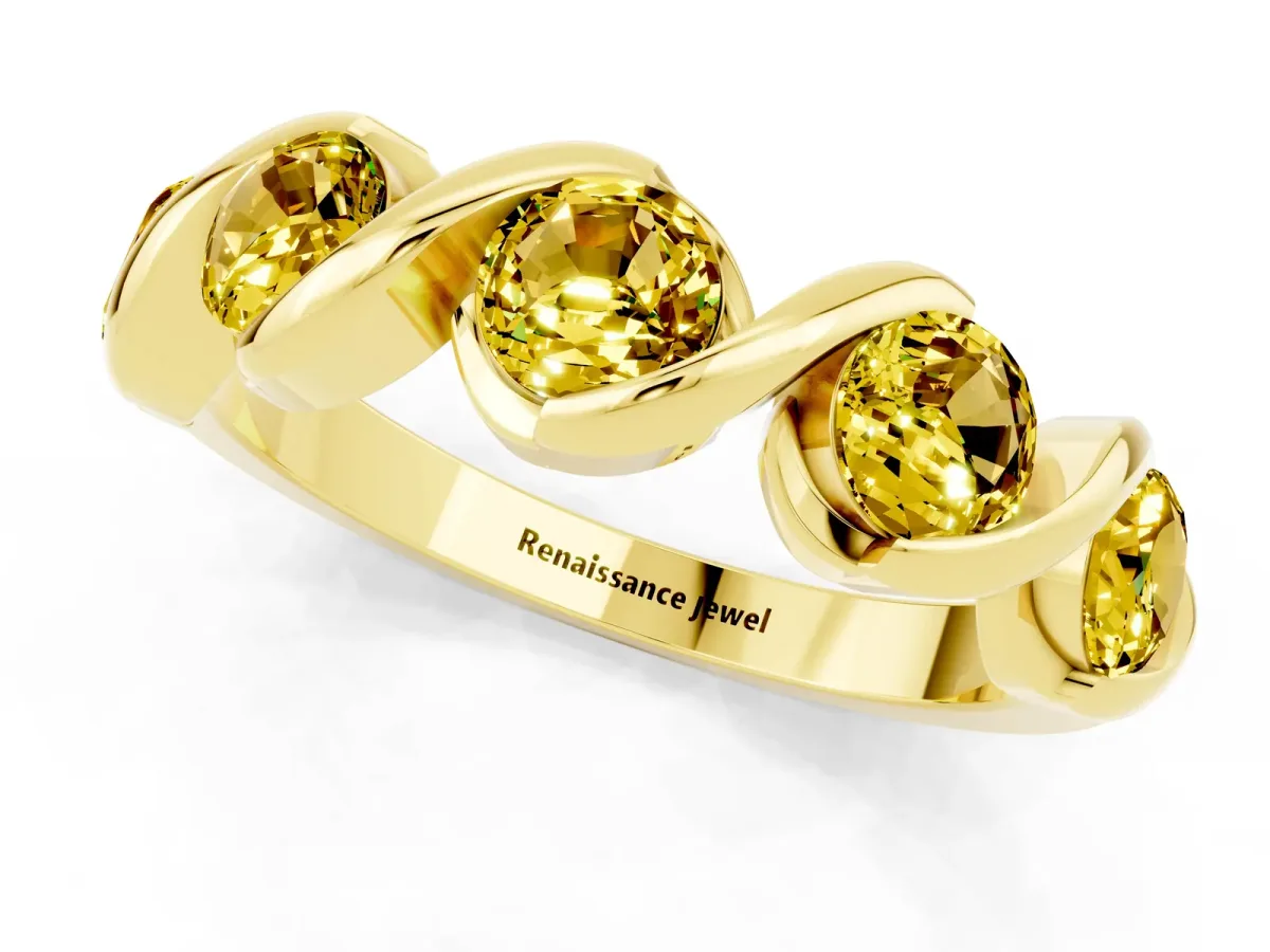 Round Yellow Sapphire Wave Band with Channel Setting and Shared Prongs Yellow gold