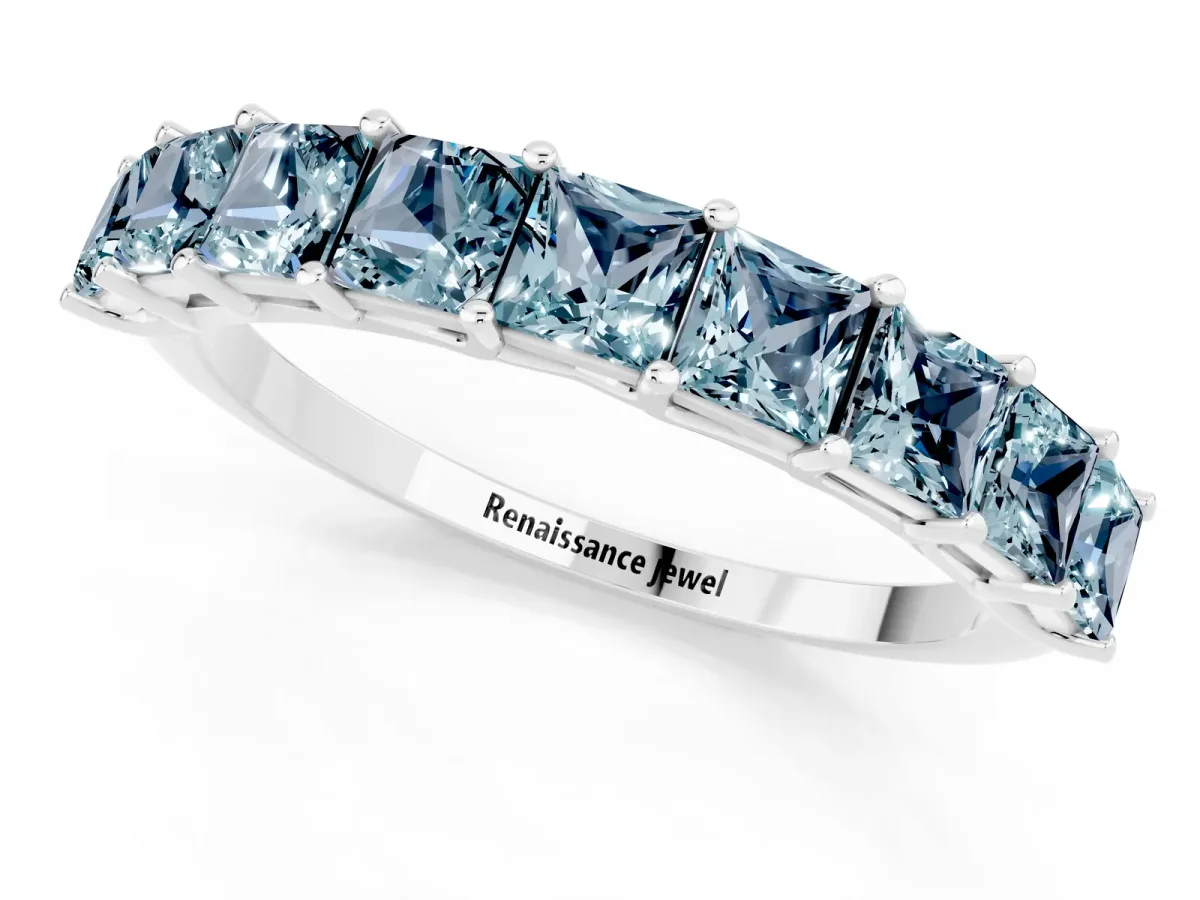 Princess Cut Aquamarine Channel-Set Eternity Band with Prong Setting Silver