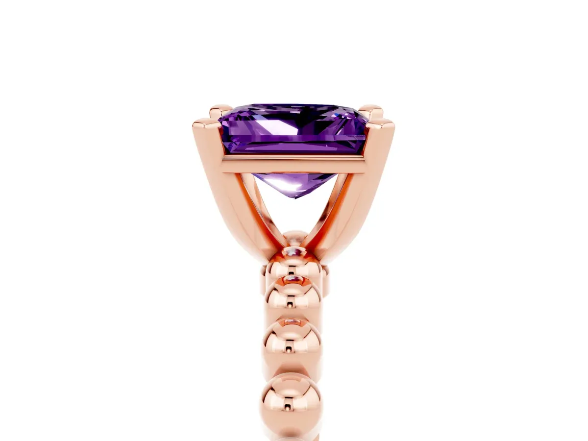Princess Cut Amethyst Solitaire Ring with Beaded Band and Prong Setting Rose gold