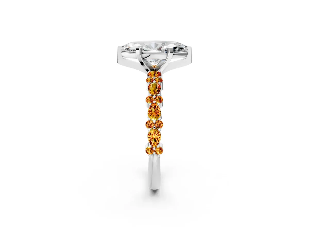 Marquise Cut Diamond Side Stone Solitaire Ring with Round Citrine and Four-Prong Setting White gold