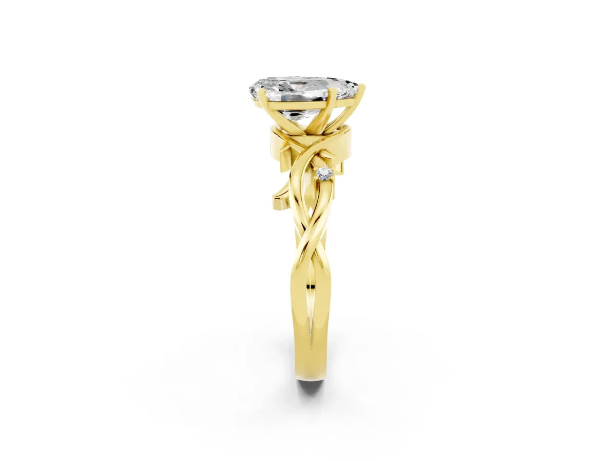 Pear Cut Moissanite Solitaire Ring with Twisted Band and Prong Setting Yellow gold