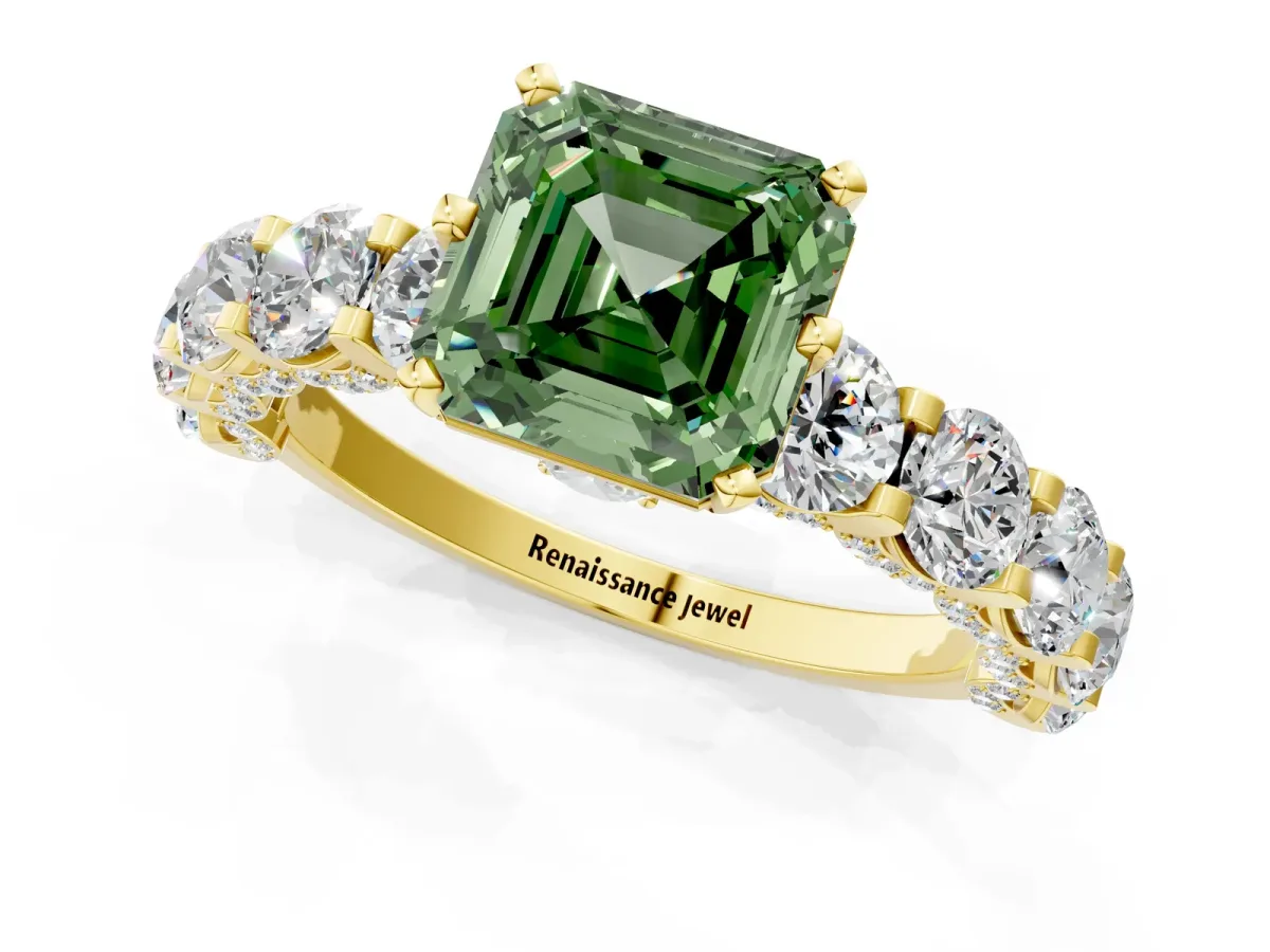 Fancy Green Asscher Cut Diamond Side Stone Engagement Ring with Four-Prong Setting Yellow gold