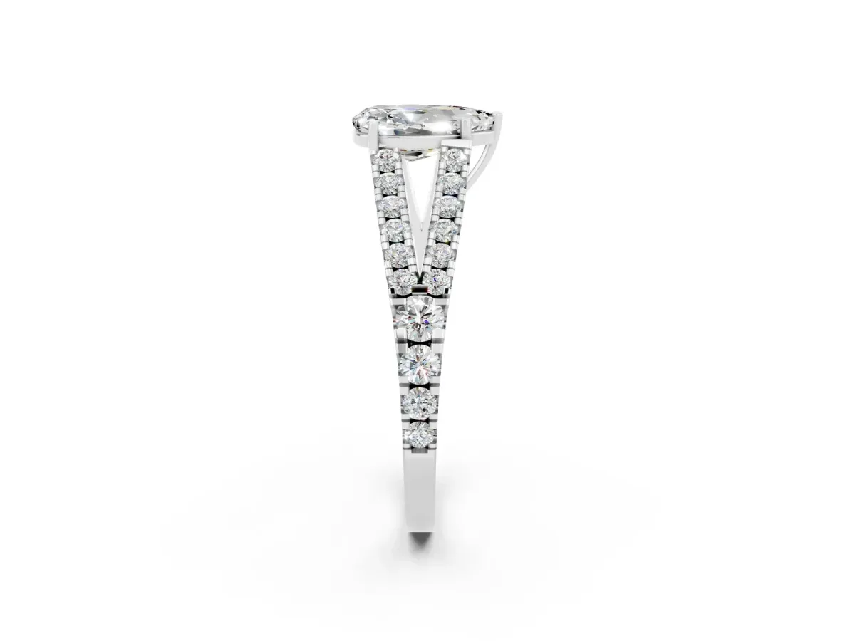 Pear Cut Moissanite Split Shank Engagement Ring with Round Pavé and Prong Setting Platinum