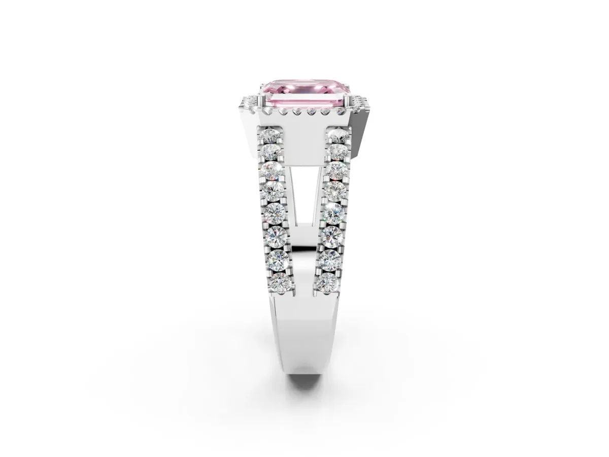 Fancy Pink Asscher Cut Cut Halo Split Shank Diamond Ring with Four-Prong Setting Platinum