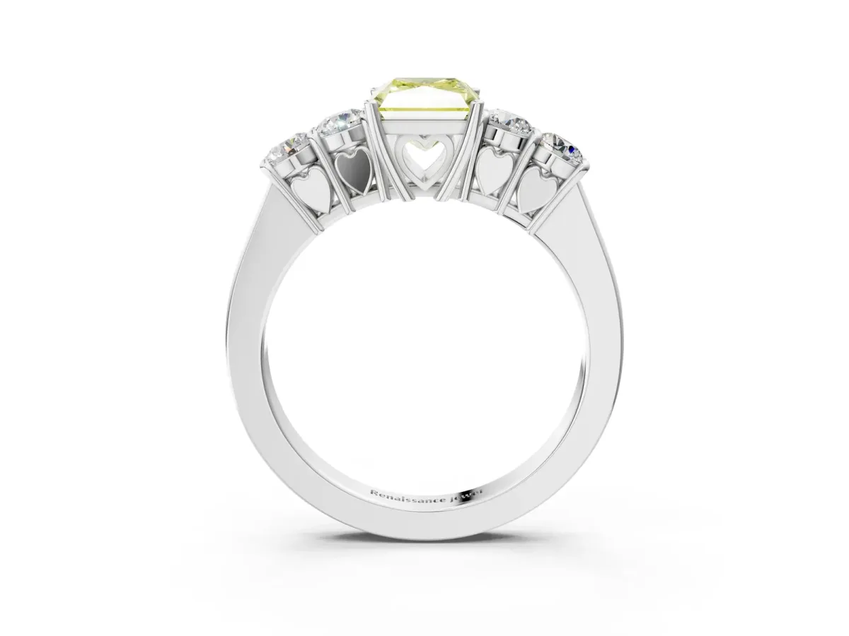 Fancy Yellow Radiant Cut Cut Diamond Five-Stone Prong Set White Gold Ring Platinum