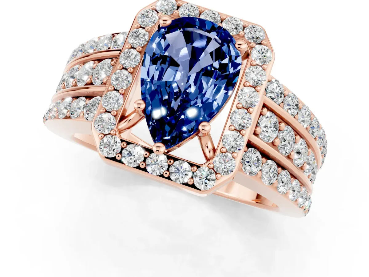 Pear Cut Halo Blue Sapphire Ring with Round Split Shank and Prong Setting Rose gold