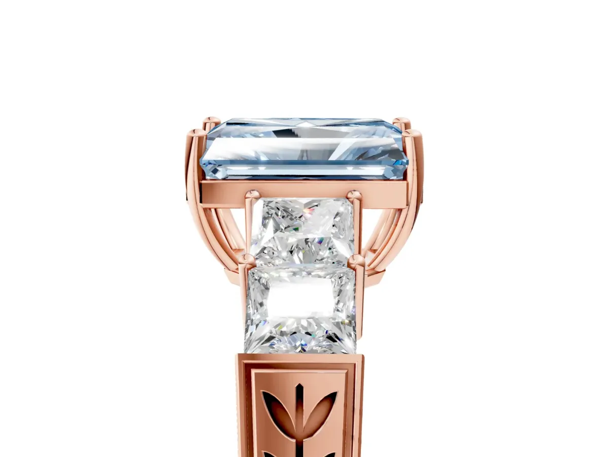 Fancy Blue Radiant Cut Solitaire Princess Side Stone Engraved Band Prong Setting Ring Rose gold