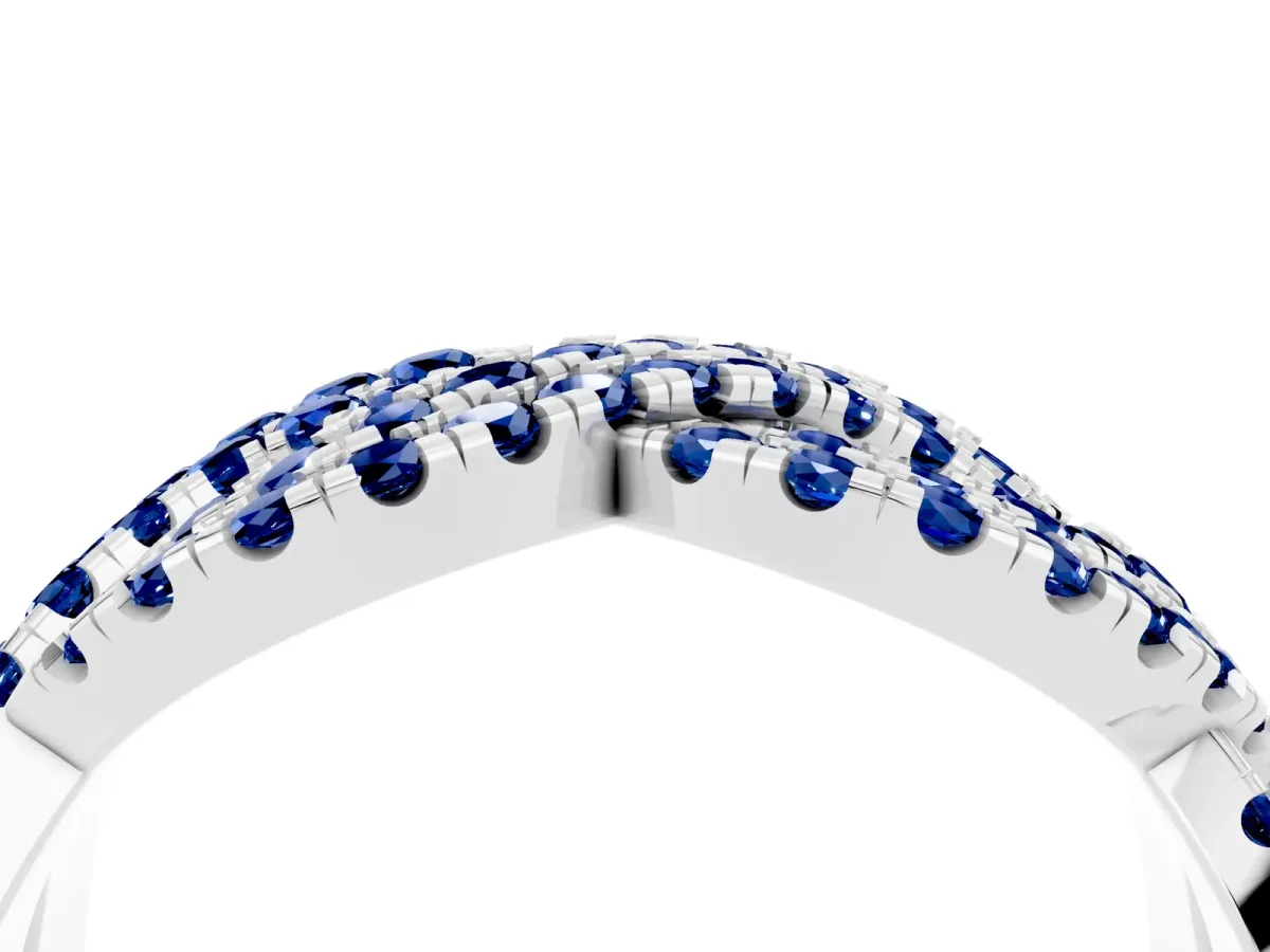 Pavé Round Blue Sapphire Infinity Twist Band with Shared Prong Setting Silver
