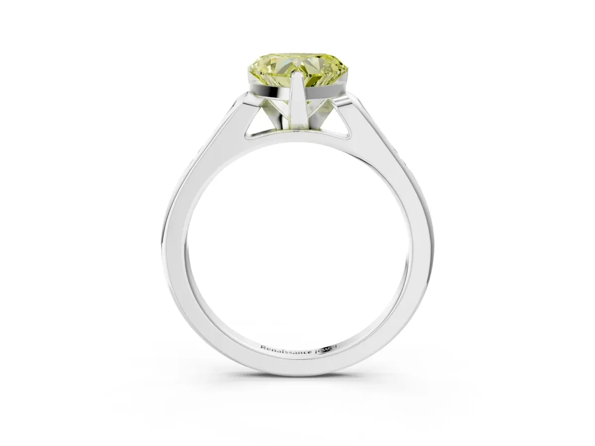 Fancy Yellow Heart Cut Diamond Solitaire Ring with Channel Set Round Band and Prong Setting Silver