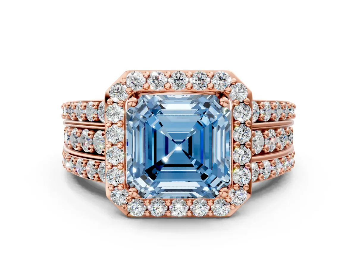 Fancy Blue Asscher Cut Halo Diamond Ring with Round Split Shank and Prong Setting Rose gold