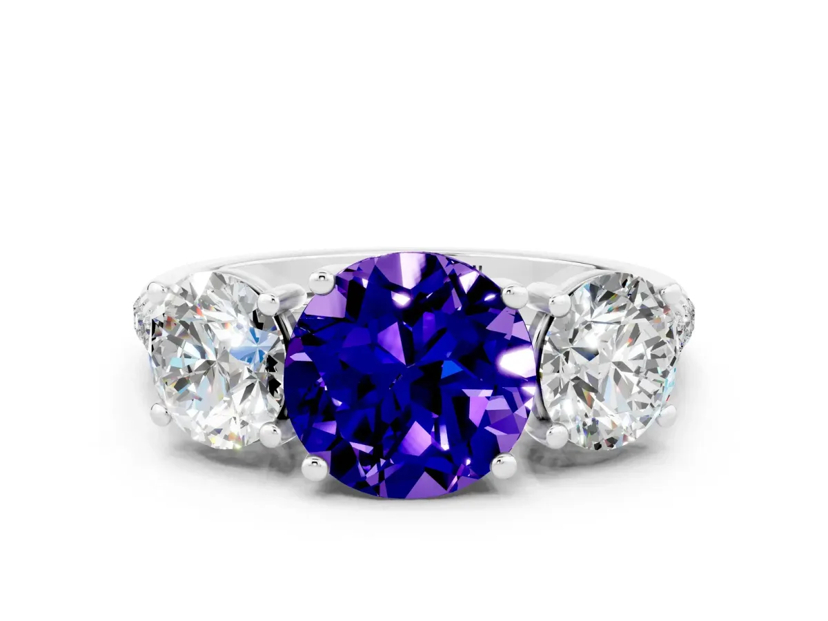 Three-Stone Round Cut Tanzanite Ring with Round Pavé Band and Prong Setting Platinum