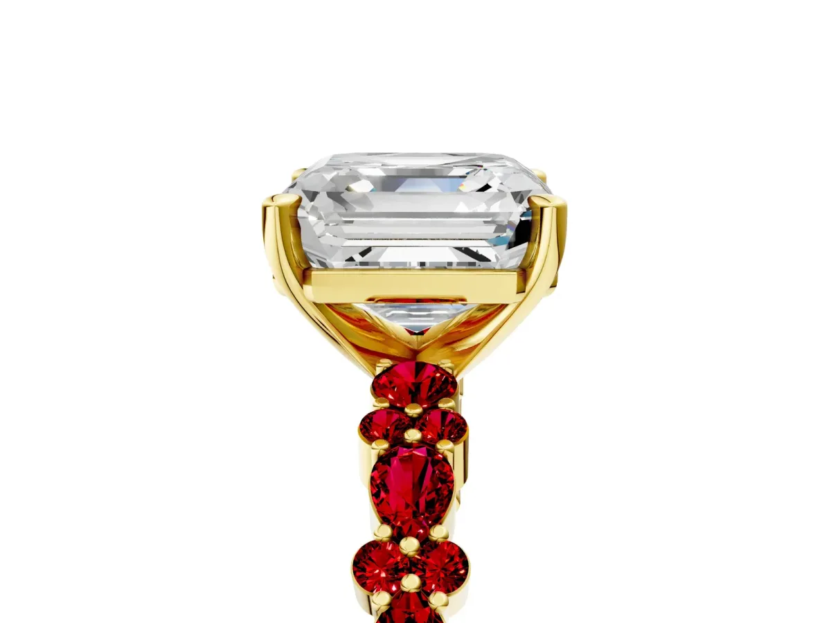 Asscher Cut Diamond Side Stone Solitaire Ring with Round Ruby and Four-Prong Setting Yellow gold