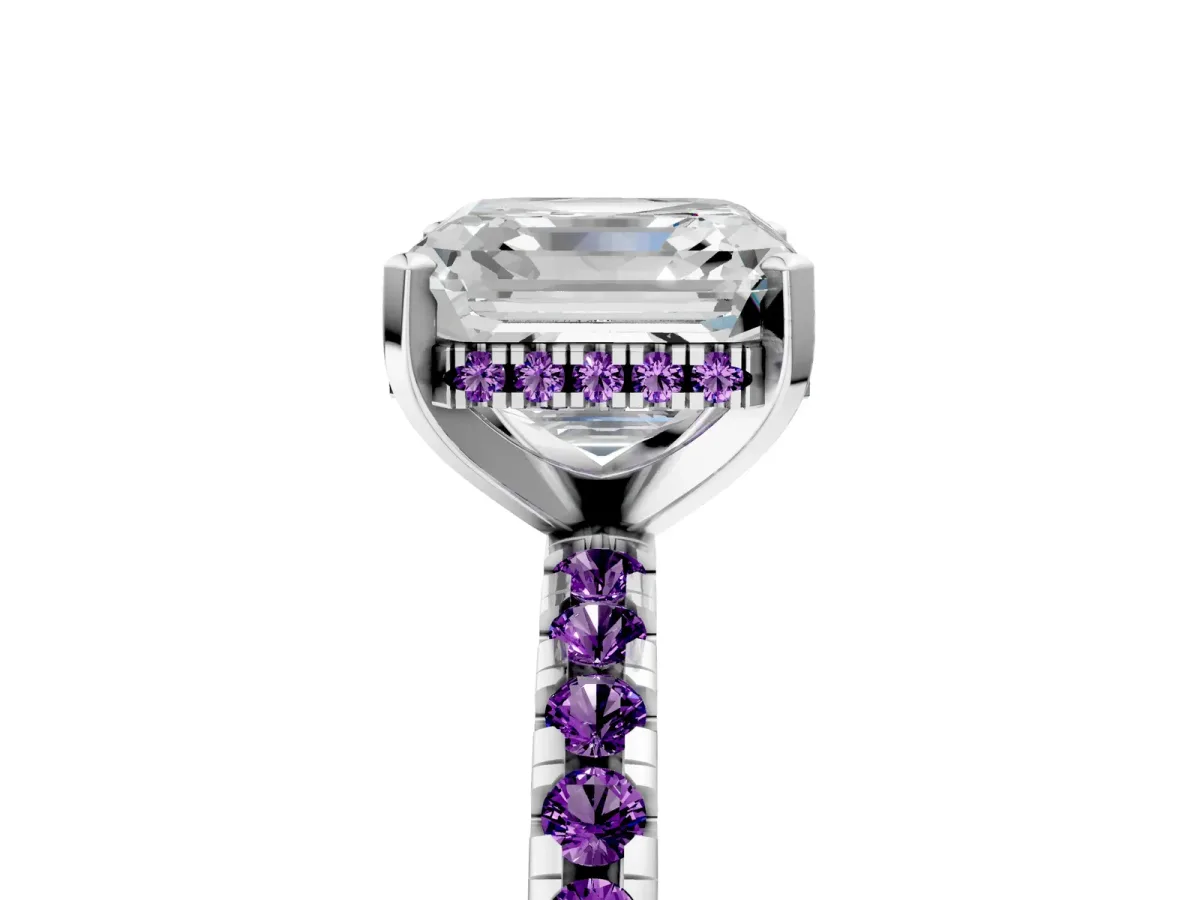 Asscher Cut Diamond Solitaire Ring with Round Amethyst Pavé Band and Four-Prong Setting Silver