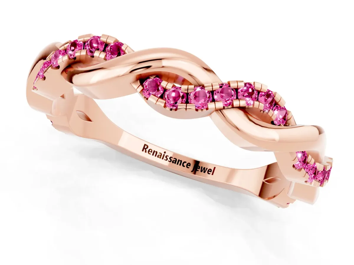 Round Pink Sapphire Twist Eternity Band with Pavé Setting Rose gold