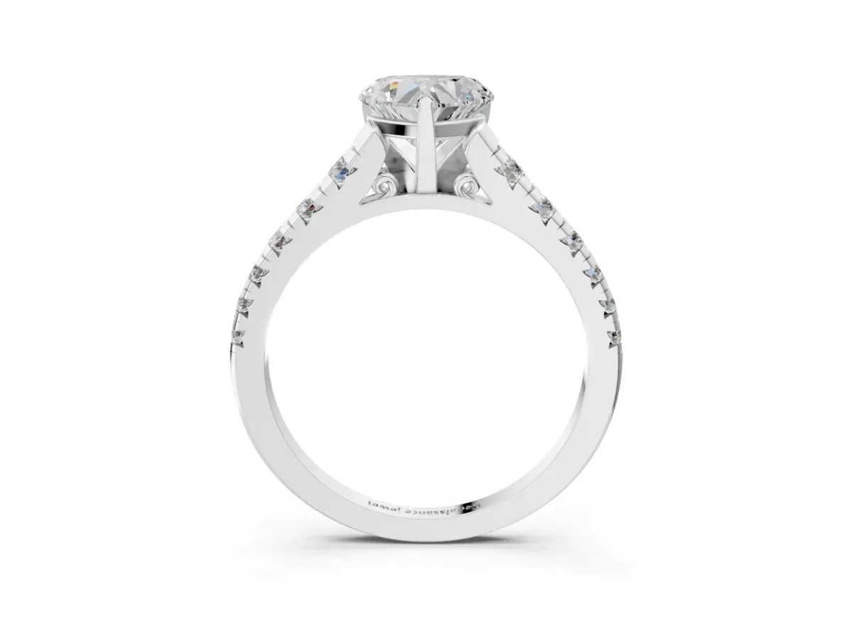 Heart Cut Diamond Cathedral Solitaire Ring with Round Pavé Band Silver