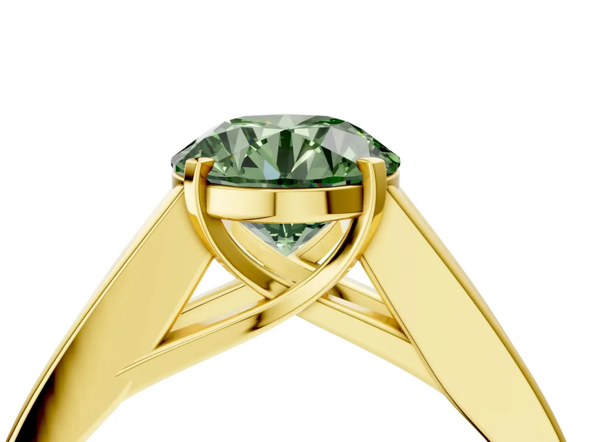 Fancy Green Round Cut Cut Channel Set Solitaire Ring with Four-Prong Setting Yellow gold