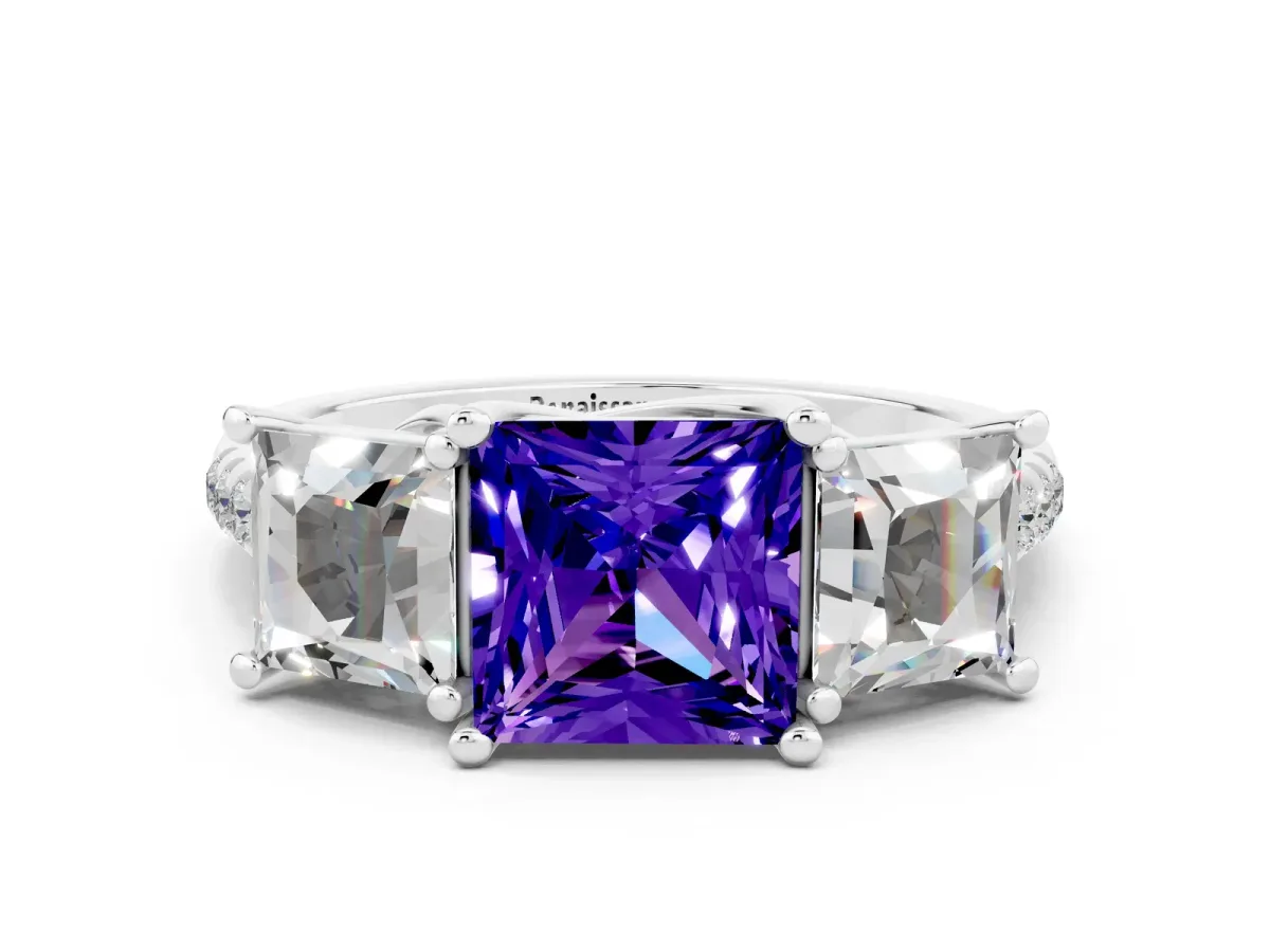 Three-Stone Princess Cut Tanzanite Ring with Round Pavé Band and Prong Setting Silver