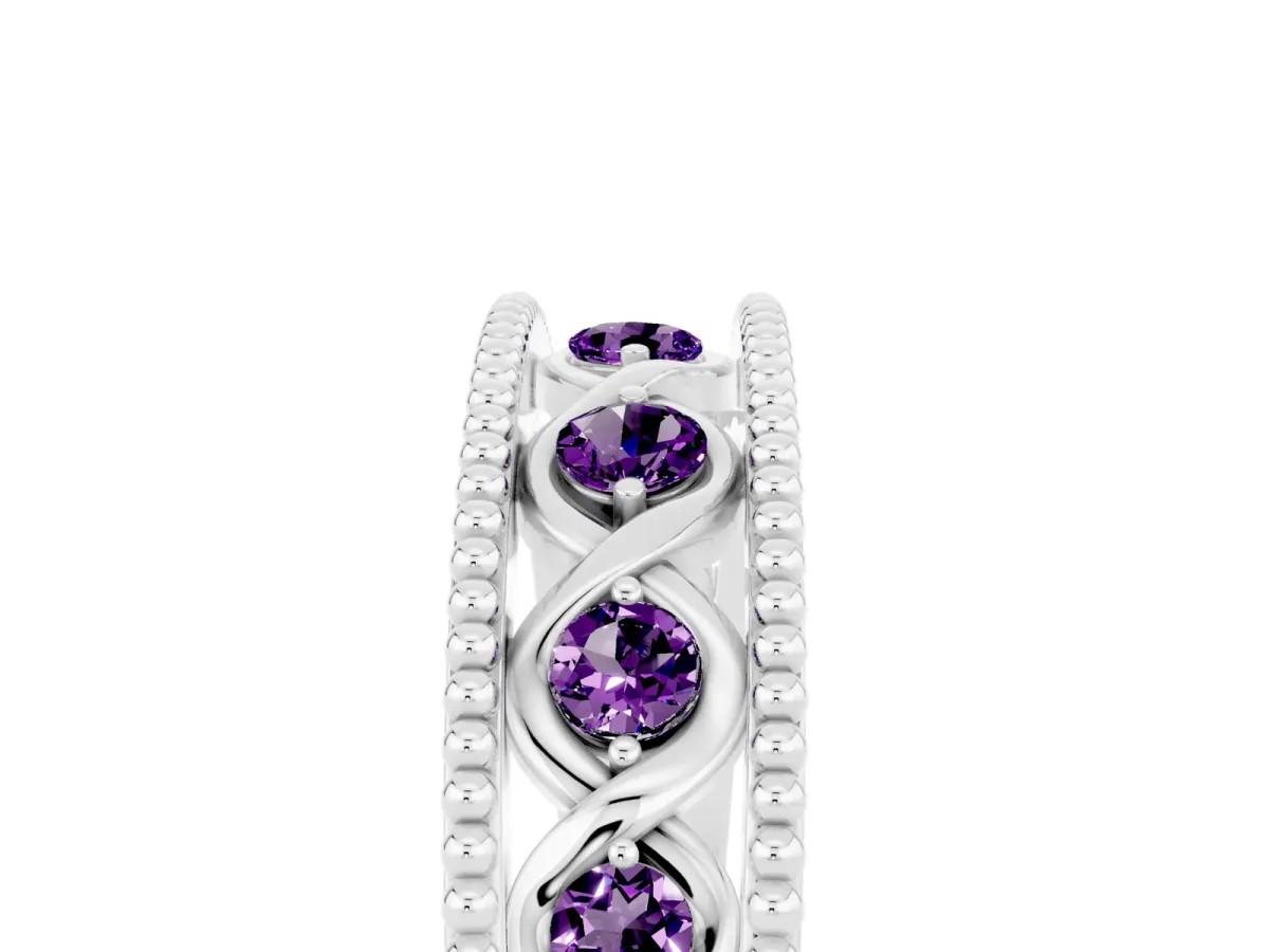 Round Amethyst Twist Milgrain Band with Bezel Setting White gold