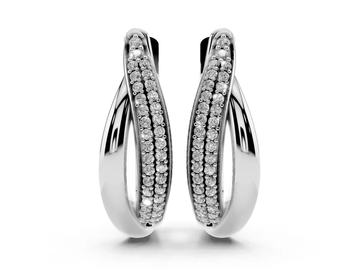 Round Diamond Double Row Huggie Hoop Earrings Platinum