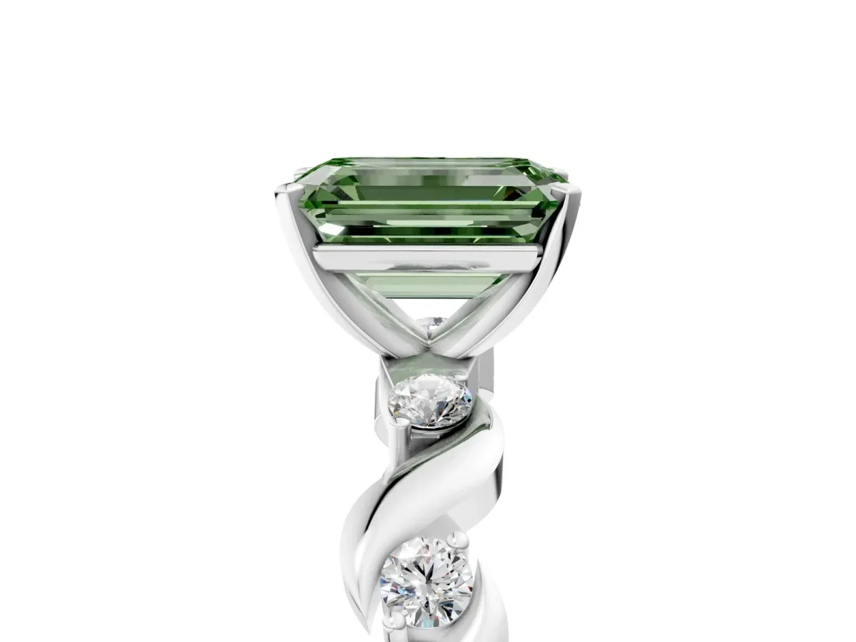 Fancy Green Emerald Cut Diamond Solitaire Twisted Band with Round Accents and Prong Setting Silver
