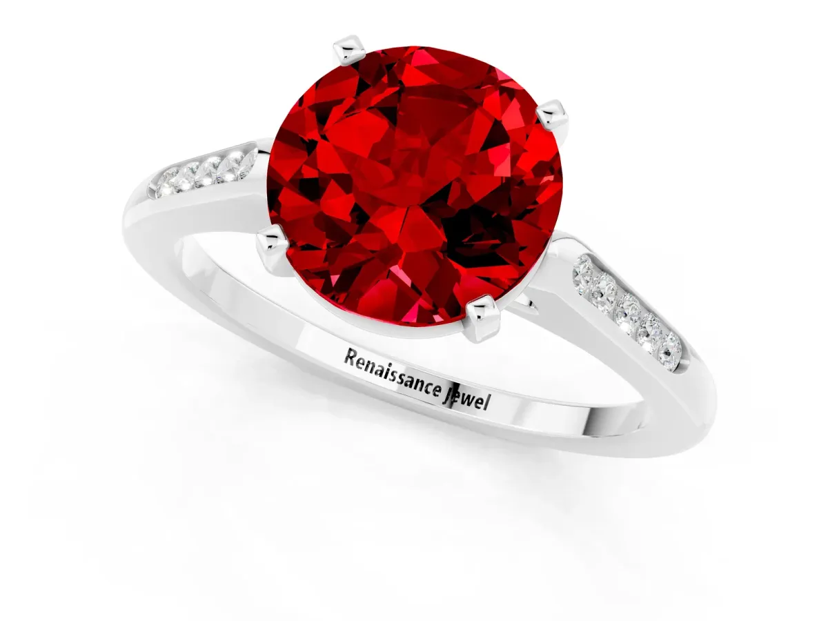 Round Cut Ruby Solitaire Ring with Channel Set Round Band and Prong Setting Platinum