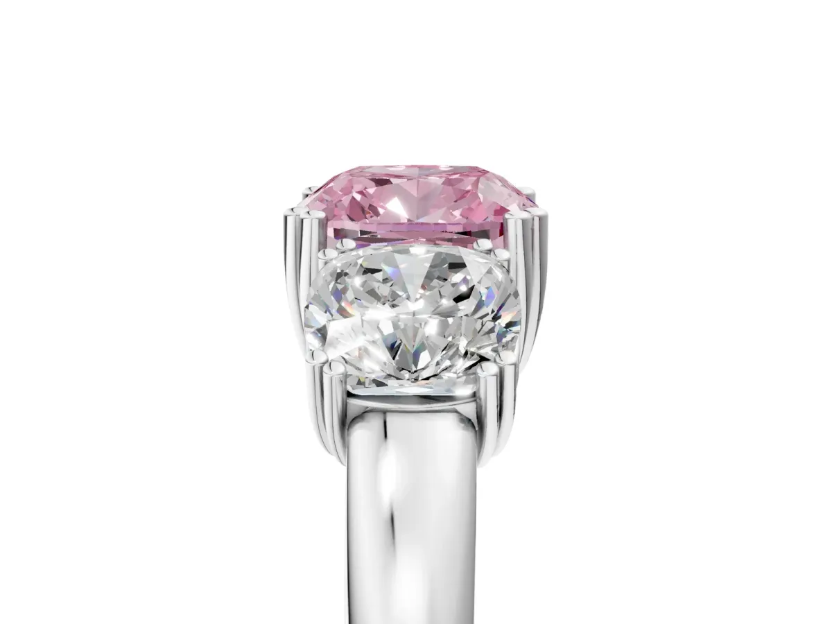 Fancy Pink Three-Stone Cushion Cut Cut Diamond Ring with Channel Set Band and Four-Prong Setting Silver